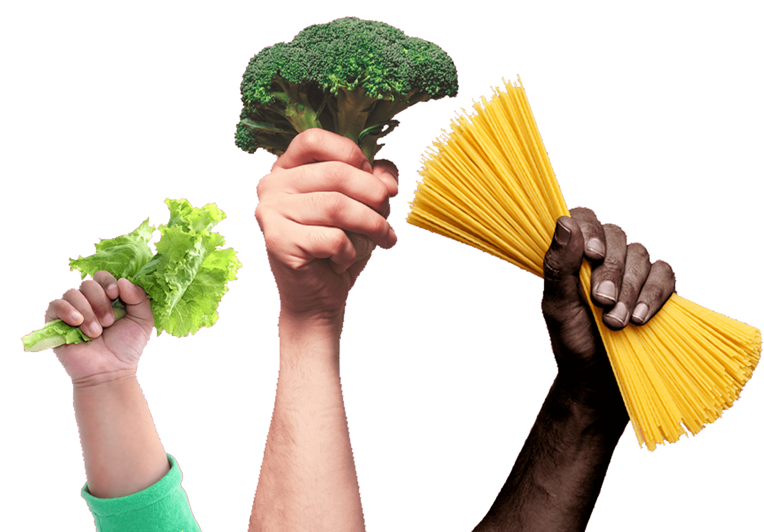 Arms holding Lettuce, Broccoli, Pasta