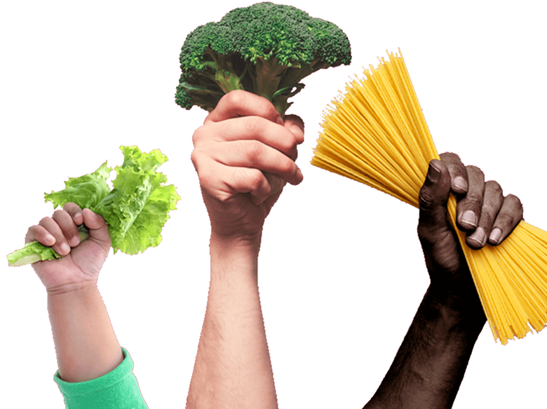 Arms holding Lettuce, Broccoli, Pasta