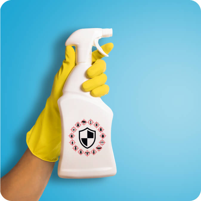 Hand with yellow glove holding a pest control spray bottle