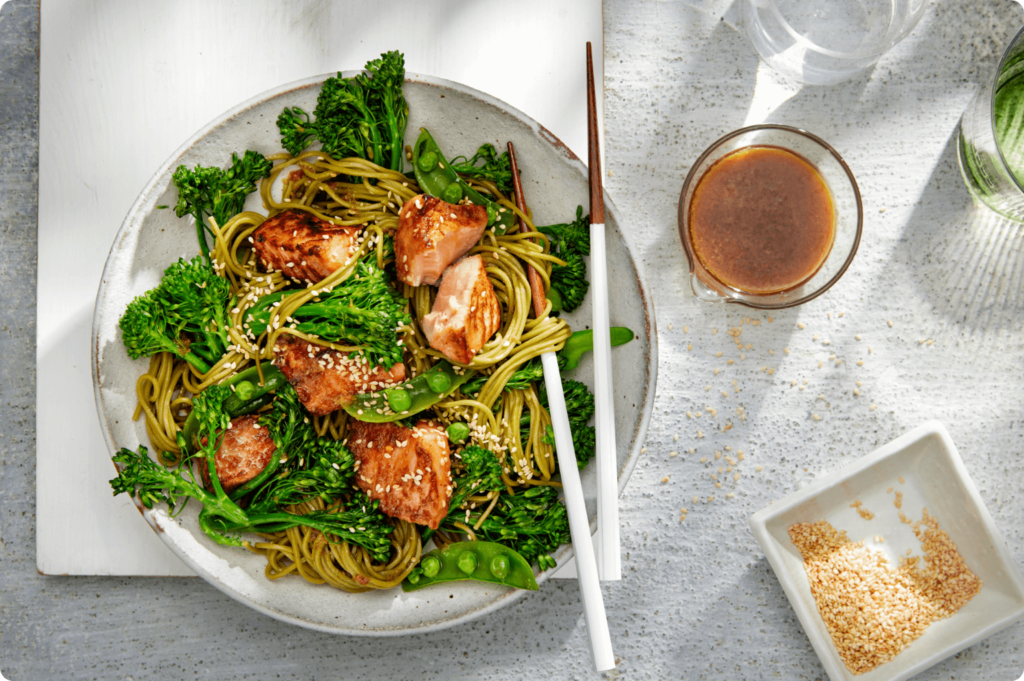 Green Tea Soba with Teriyaki Salmon and Snap Peas IGA Recipes