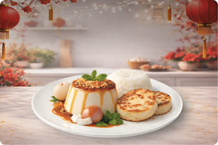 Coconut Panna Cotta with Grilled Rice Cakes & Lychees