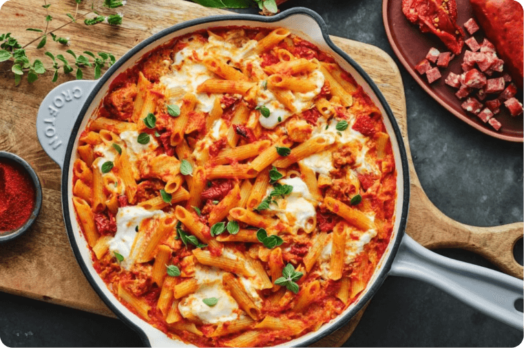 Cheesy Chicken, Chorizo & Tomato Gluten Free Penne Bake